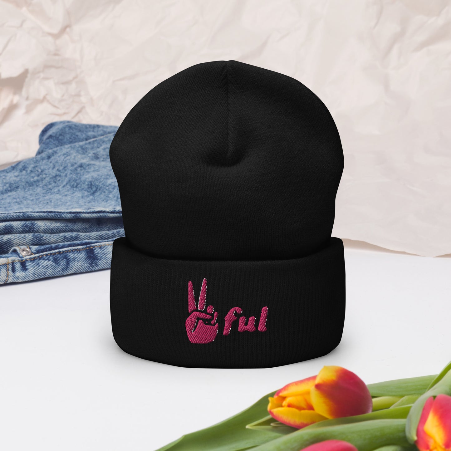 Peaceful Pink Embroidered Cuffed Beanie