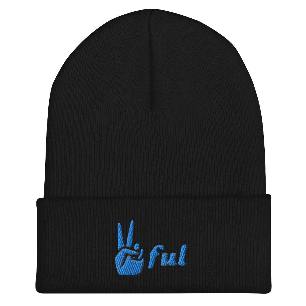 Peaceful Blue Embroidered Cuffed Beanie