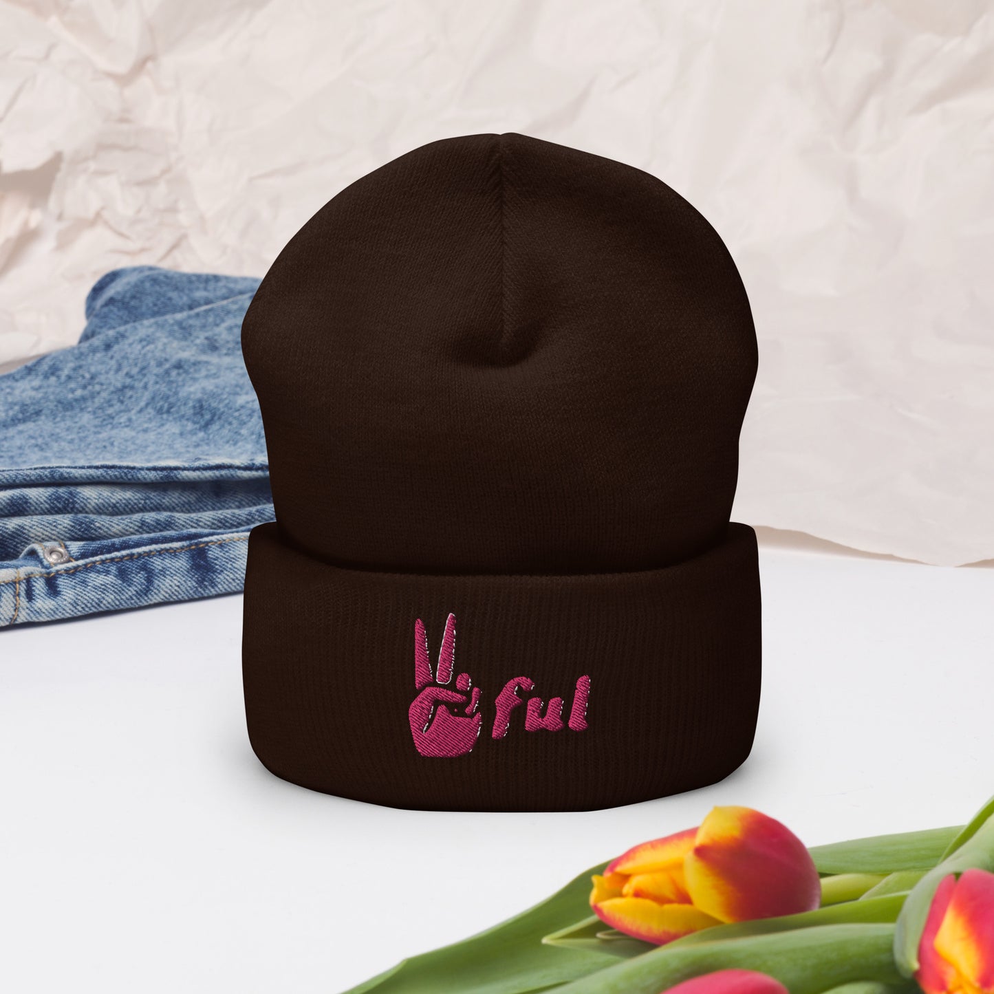 Peaceful Pink Embroidered Cuffed Beanie