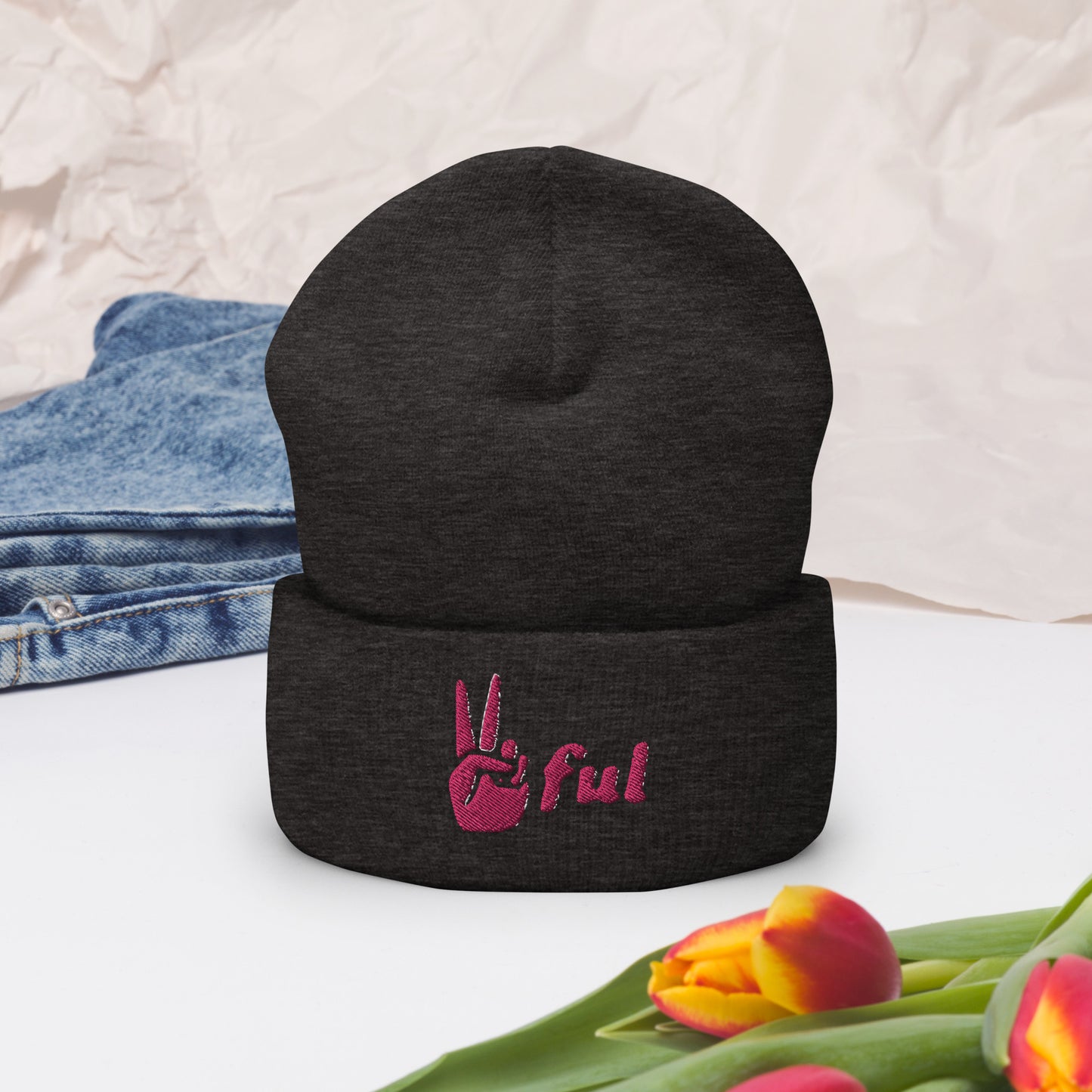 Peaceful Pink Embroidered Cuffed Beanie