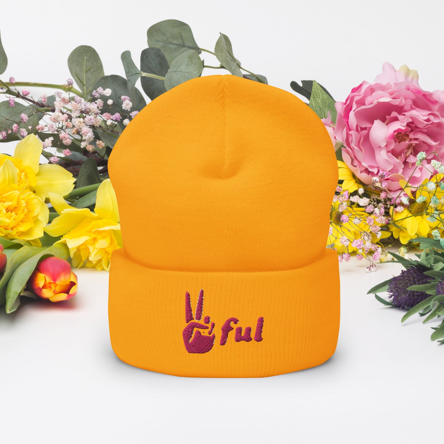 Peaceful Pink Embroidered Cuffed Beanie