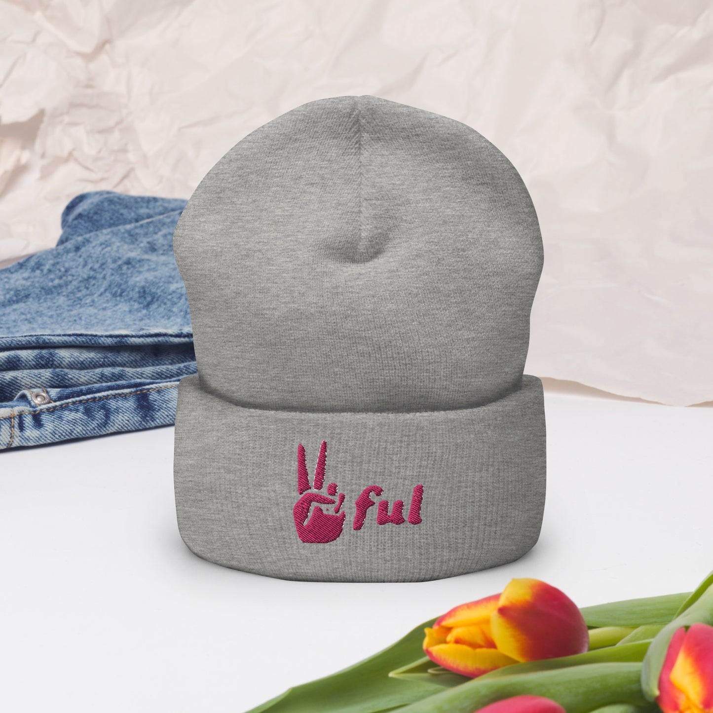 Peaceful Pink Embroidered Cuffed Beanie