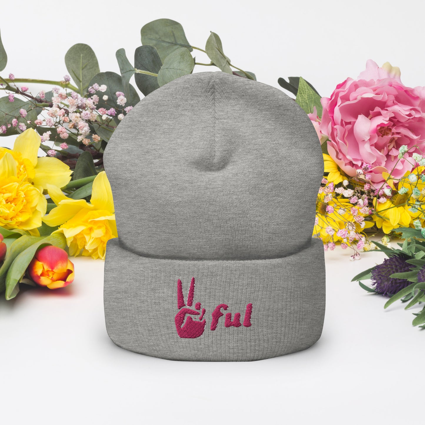 Peaceful Pink Embroidered Cuffed Beanie