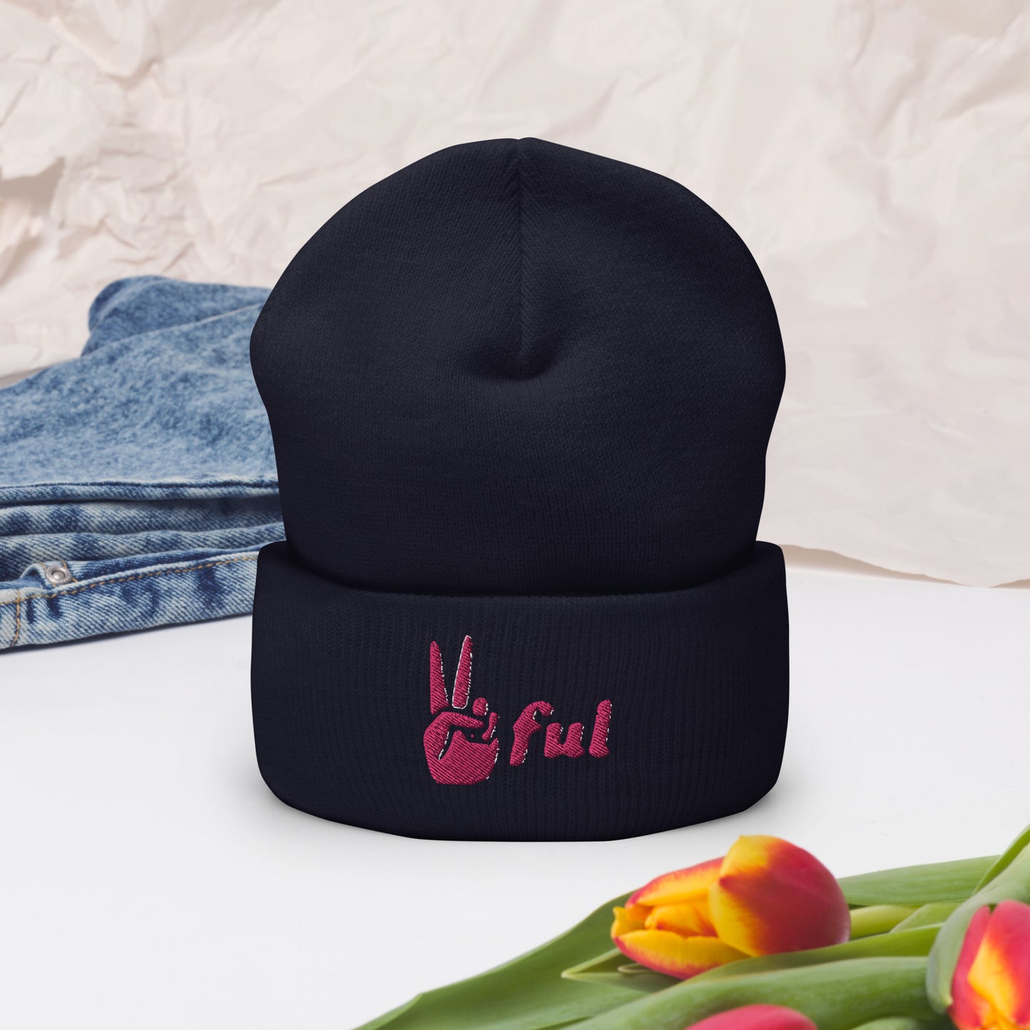 Peaceful Pink Embroidered Cuffed Beanie