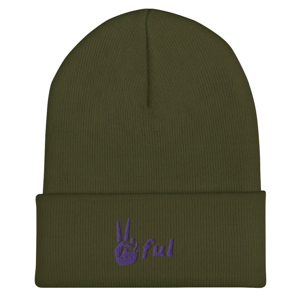 Cuffed Peaceful Purple Embroidered Beanie