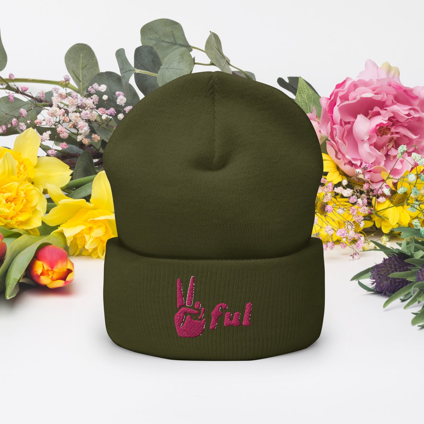 Peaceful Pink Embroidered Cuffed Beanie