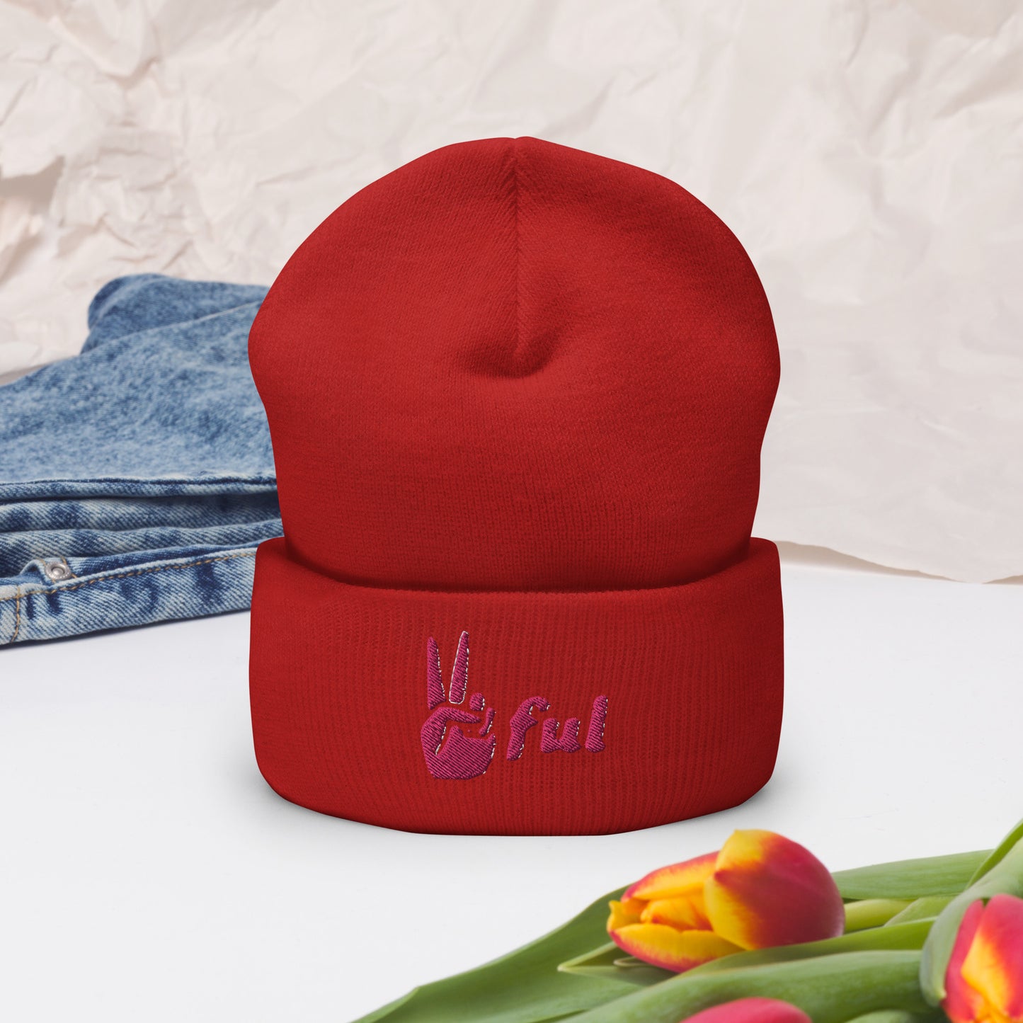 Peaceful Pink Embroidered Cuffed Beanie