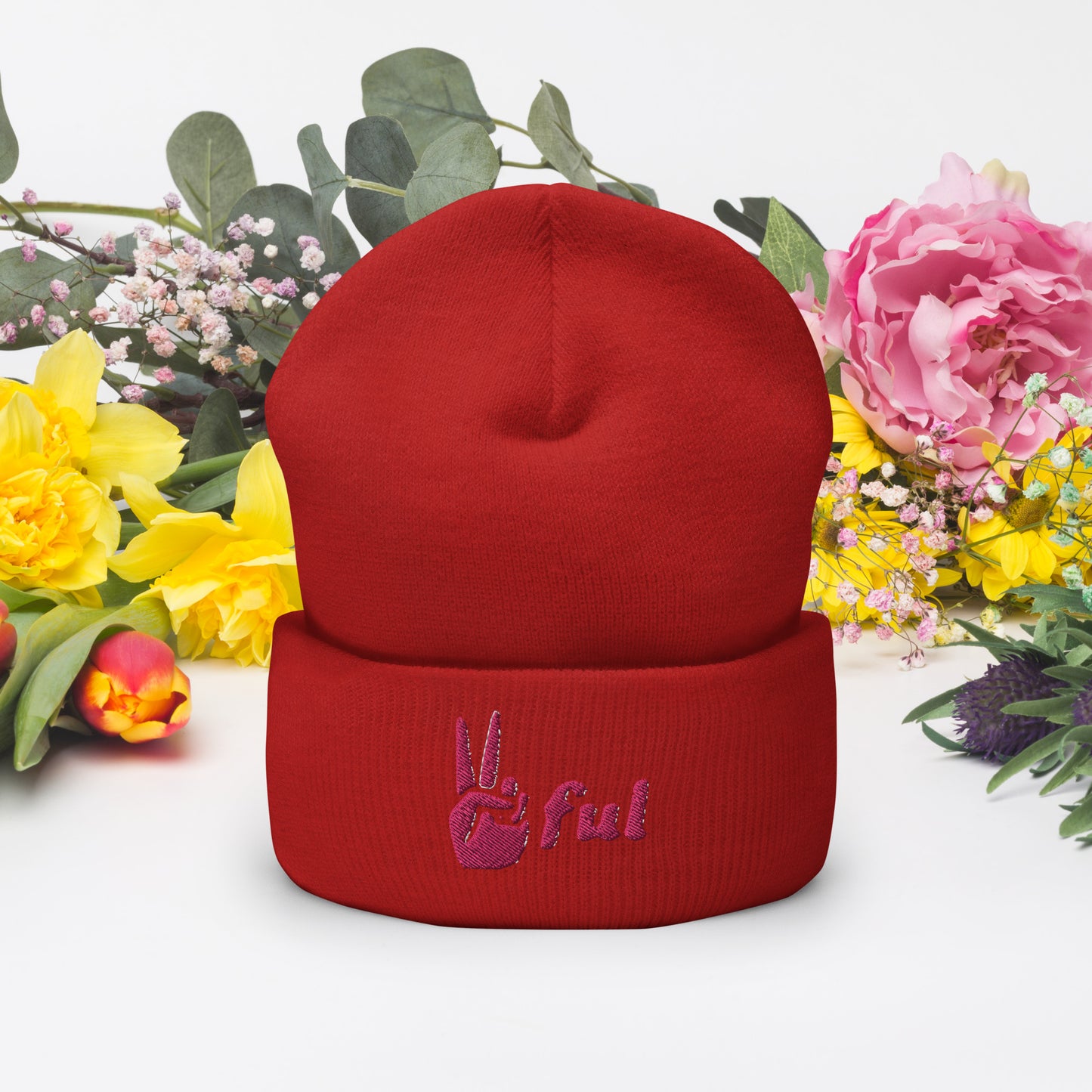Peaceful Pink Embroidered Cuffed Beanie