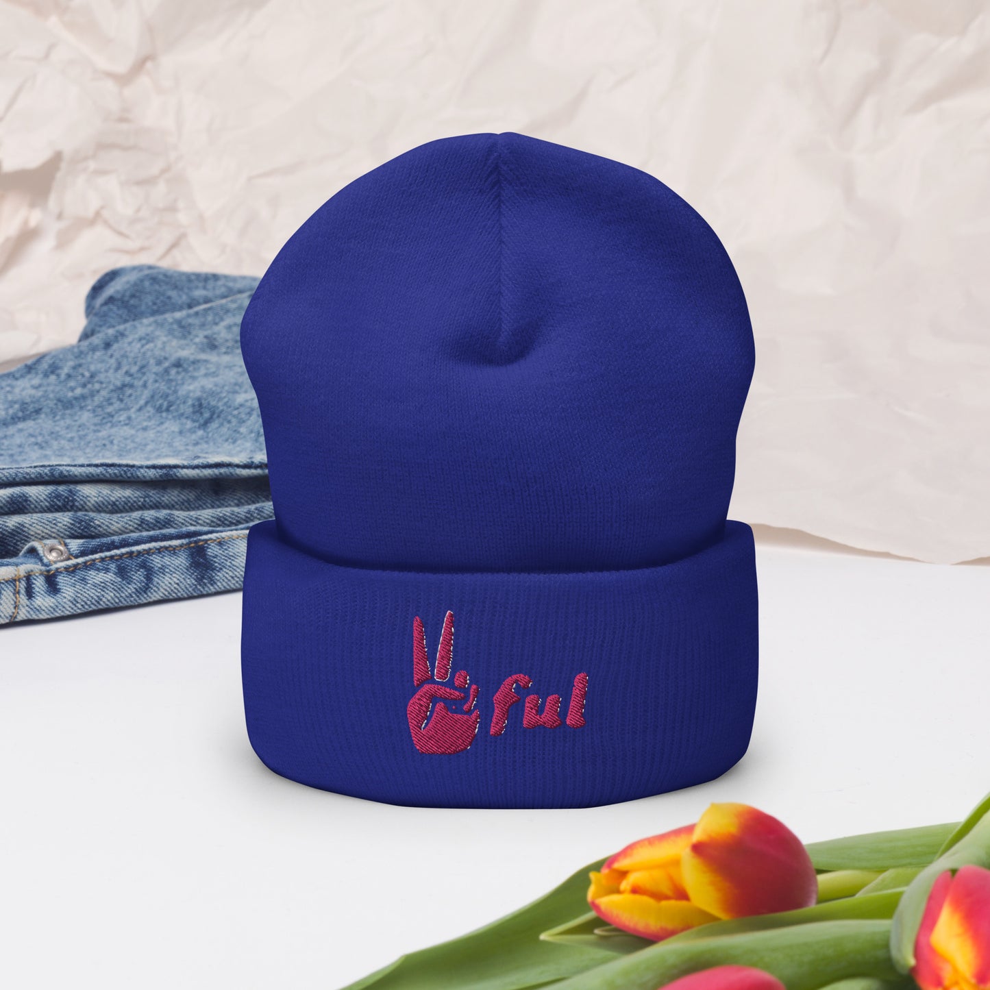 Peaceful Pink Embroidered Cuffed Beanie