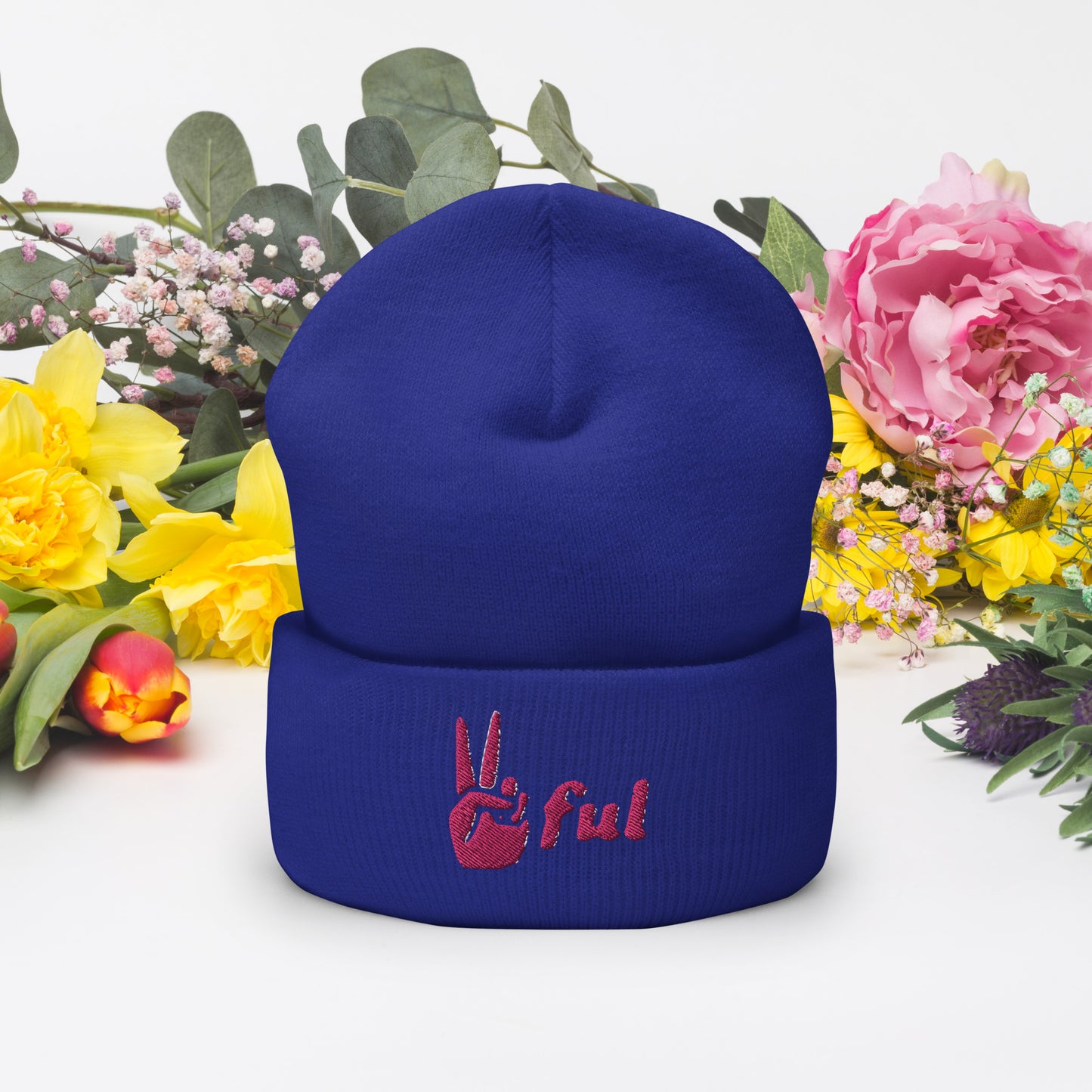 Peaceful Pink Embroidered Cuffed Beanie