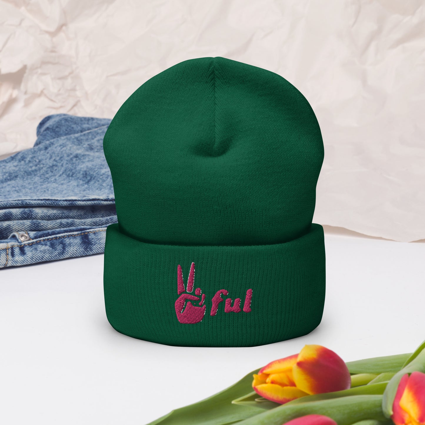 Peaceful Pink Embroidered Cuffed Beanie