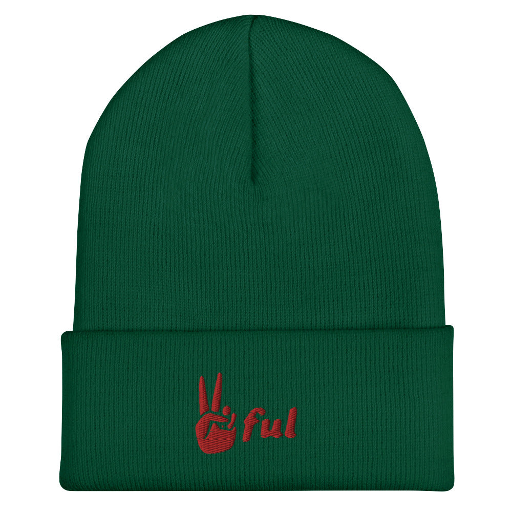 Cuffed Peaceful Red Embroidered Beanie