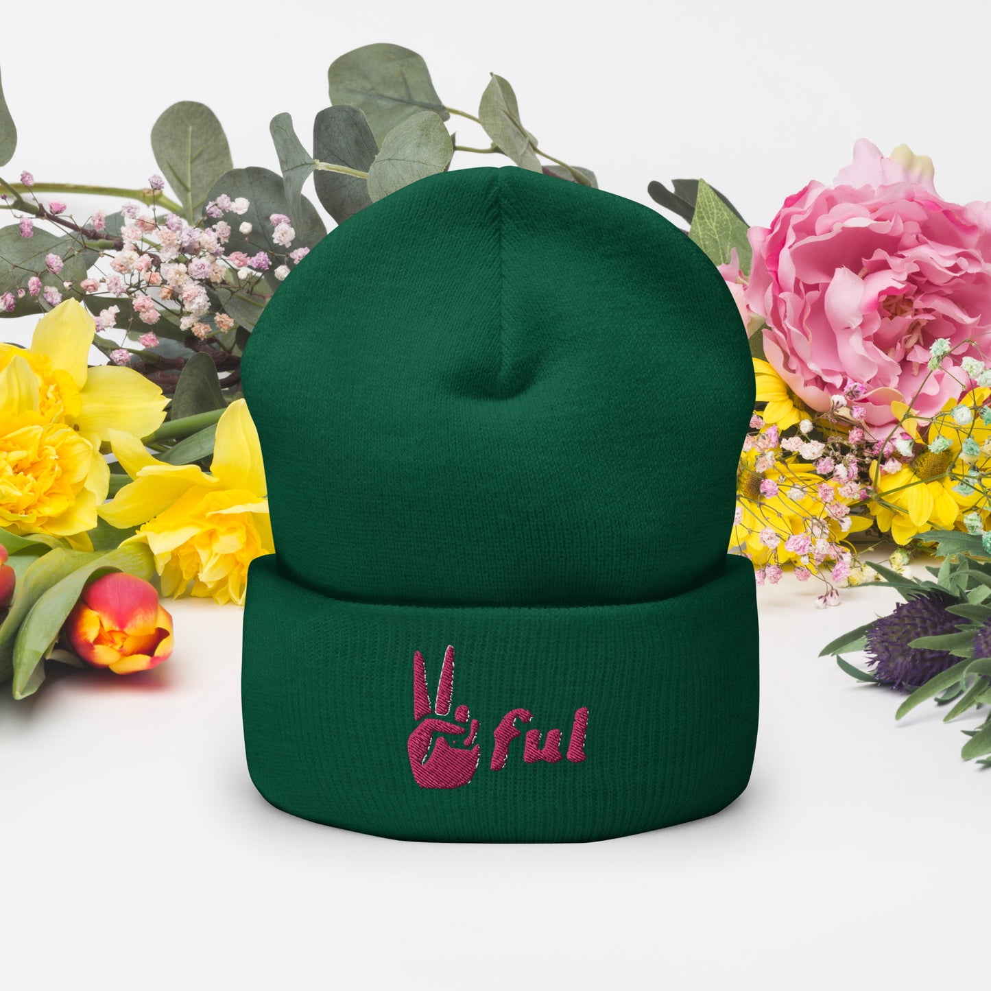 Peaceful Pink Embroidered Cuffed Beanie