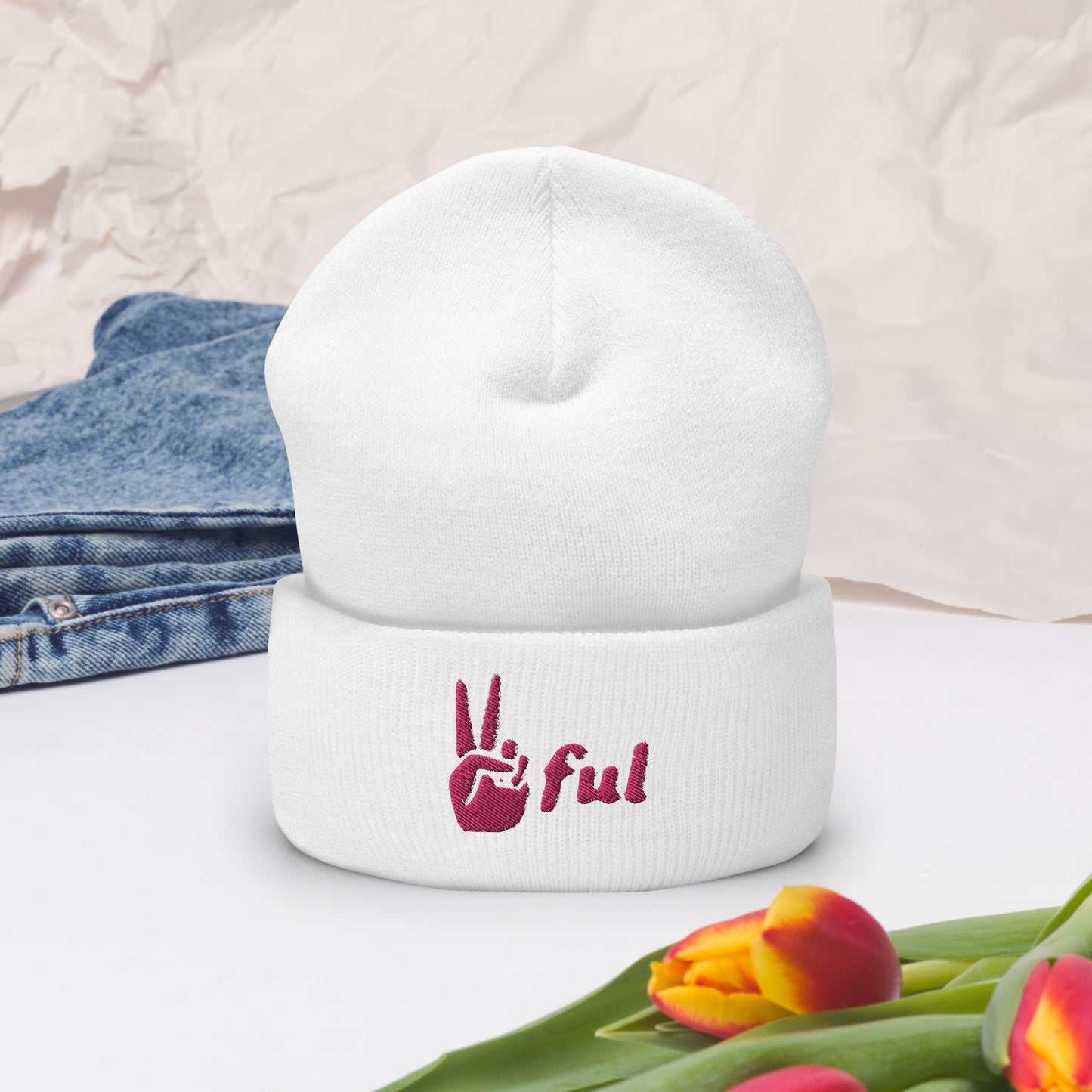 Peaceful Pink Embroidered Cuffed Beanie