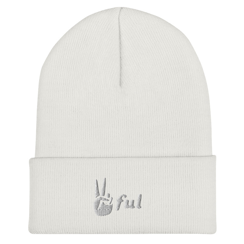 Cuffed White Embroidered Beanie