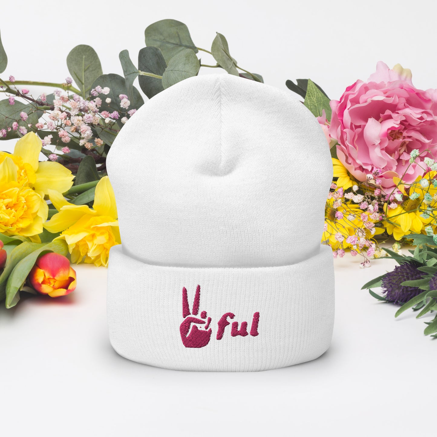 Peaceful Pink Embroidered Cuffed Beanie