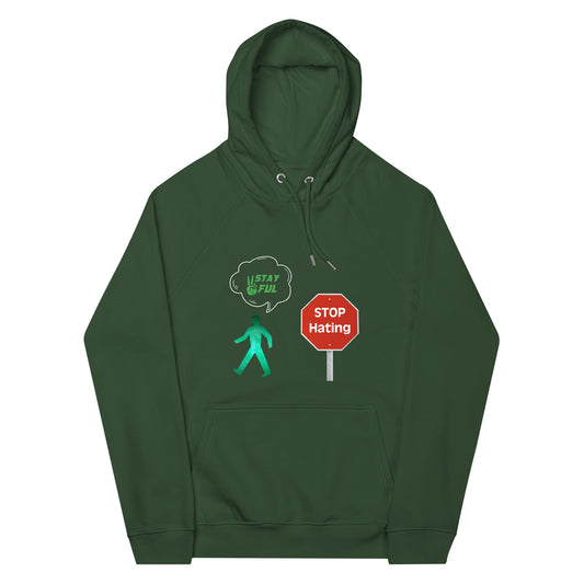 Unisex eco raglan Stay Peaceful stop hating hoodie XS-2XL
