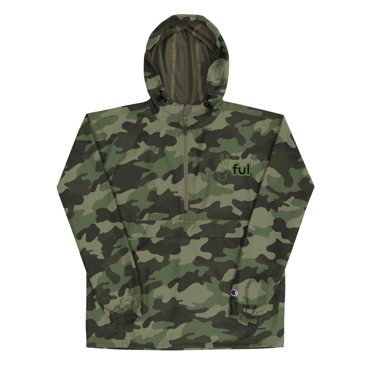 Unisex Black Camo Green Packable Jacket, Long sleeve, Peaceful embroidered  S-2XL