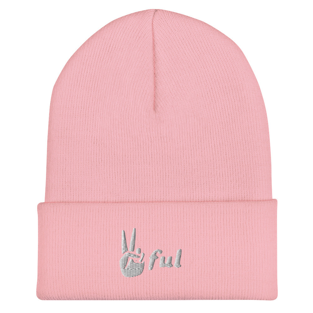 Cuffed White Embroidered Beanie