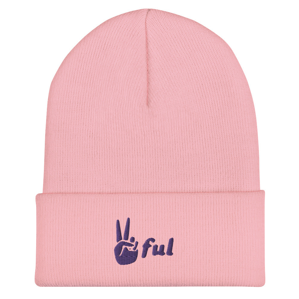 Cuffed Peaceful Purple Embroidered Beanie