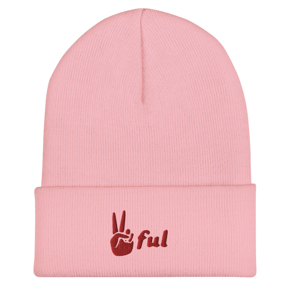 Cuffed Peaceful Red Embroidered Beanie
