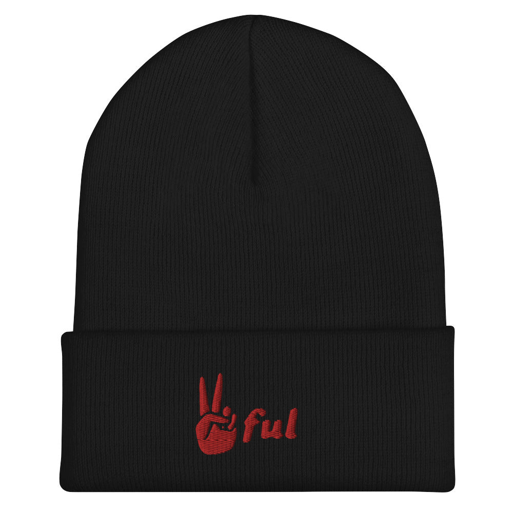 Cuffed Peaceful Red Embroidered Beanie