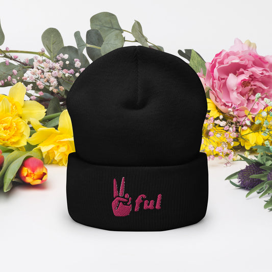 Peaceful Pink Embroidered Cuffed Beanie