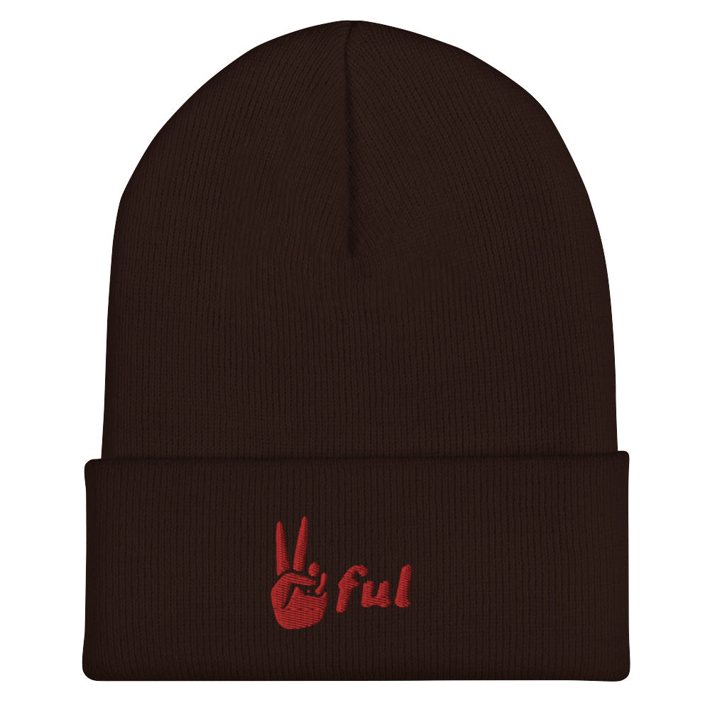 Cuffed Peaceful Red Embroidered Beanie