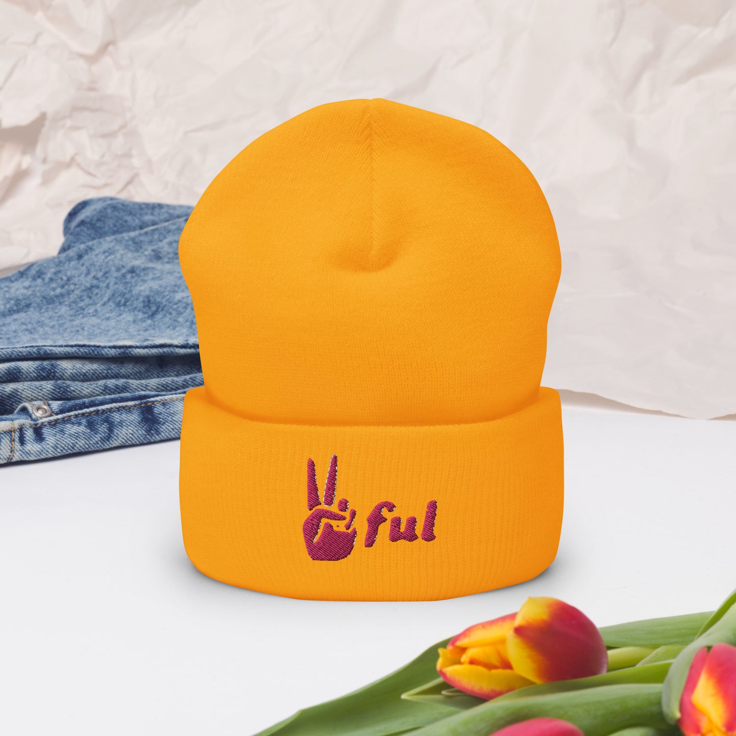 Peaceful Pink Embroidered Cuffed Beanie