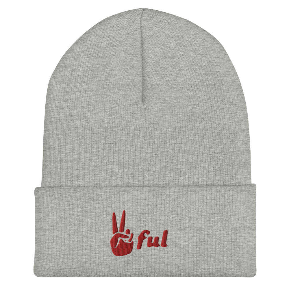 Cuffed Peaceful Red Embroidered Beanie