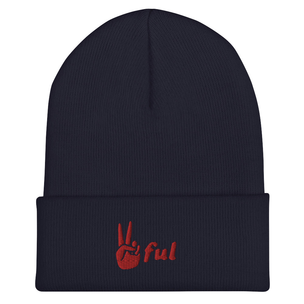 Cuffed Peaceful Red Embroidered Beanie