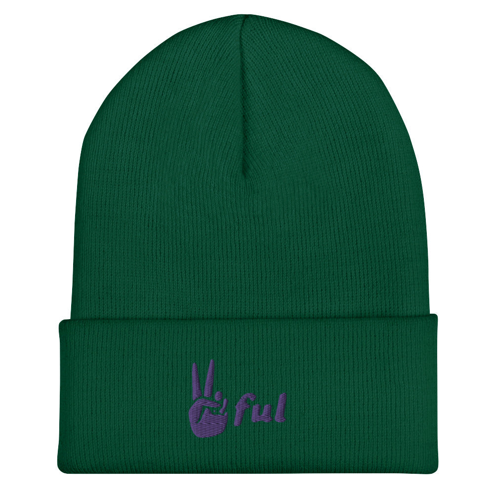 Cuffed Peaceful Purple Embroidered Beanie