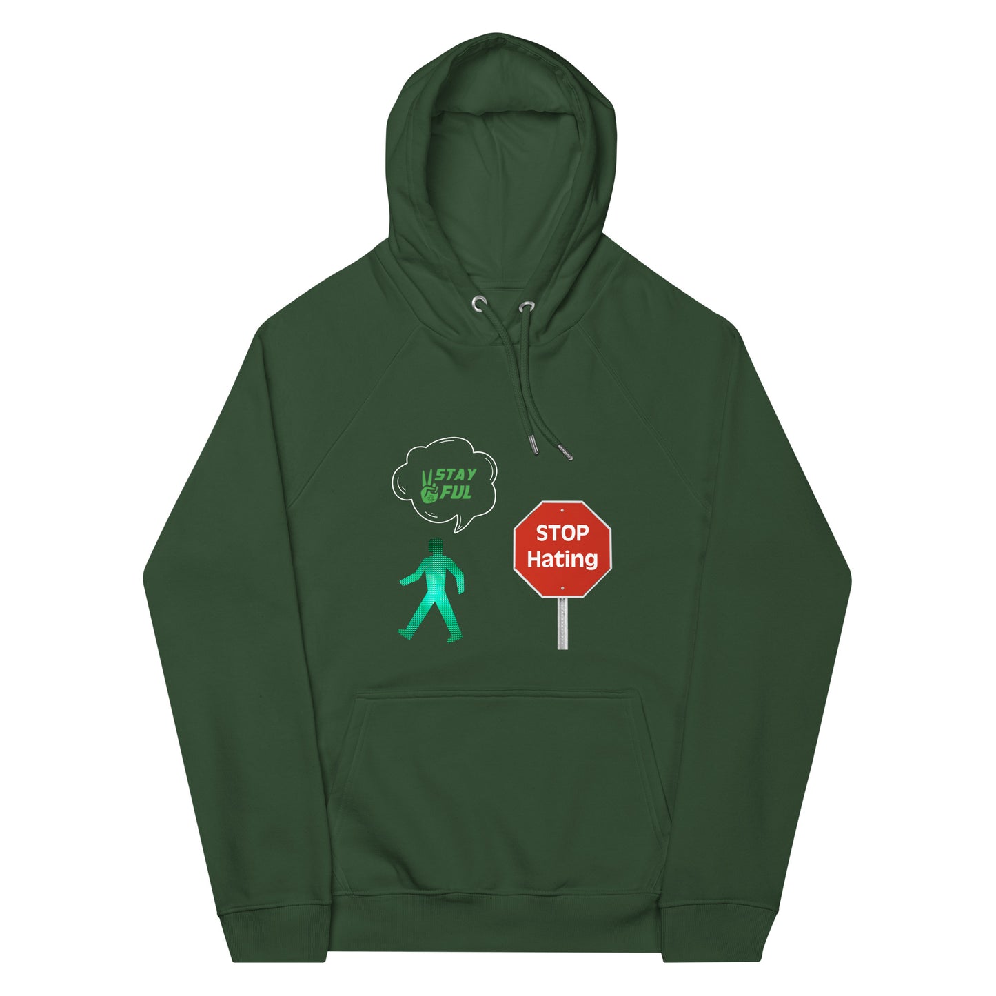 Unisex eco raglan Stay Peaceful stop hating hoodie XS-2XL